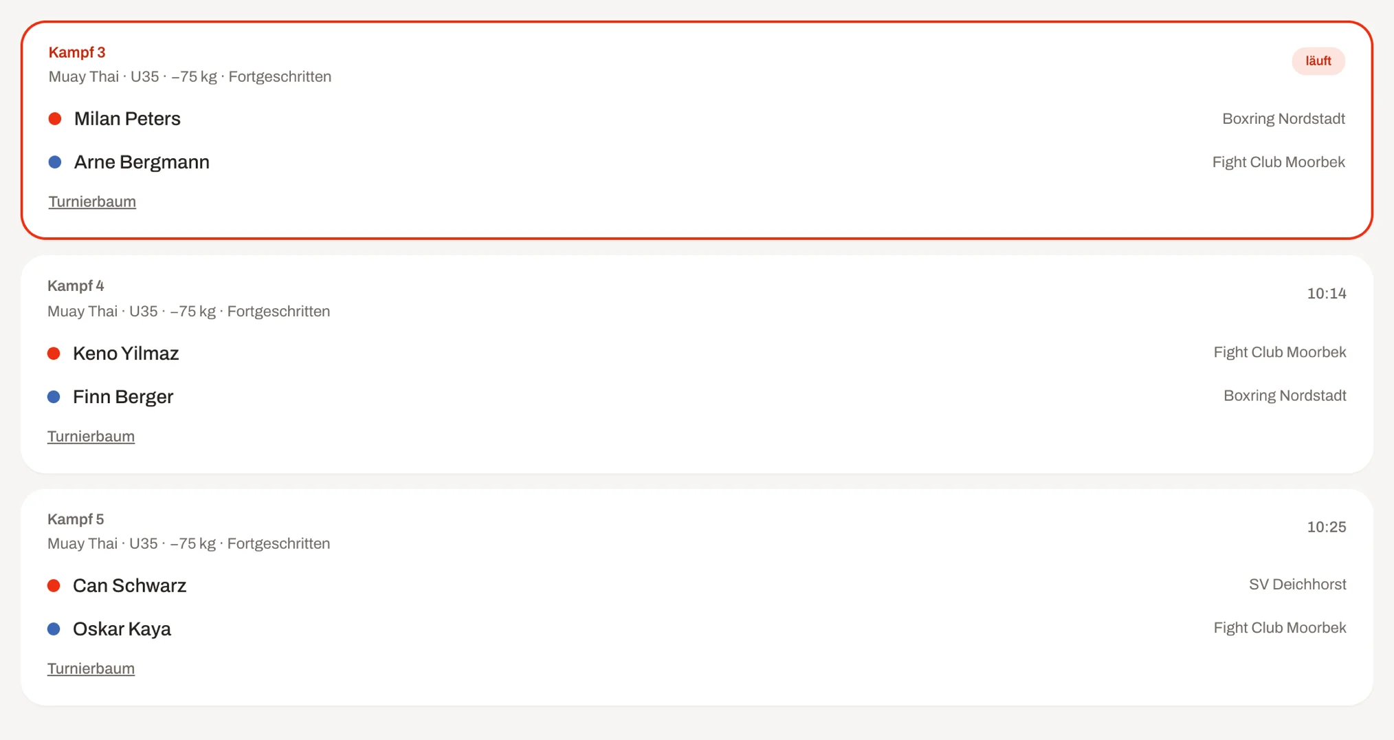 Die nächsten Kämpfe einer Fläche: der laufende Kampf und die folgenden mit Startzeit.
